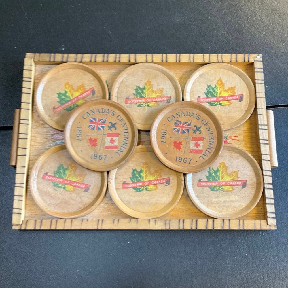 Vintage 1967 Canada Centennial Wooden Coasters Set of 8 Floral Souvenir Tray